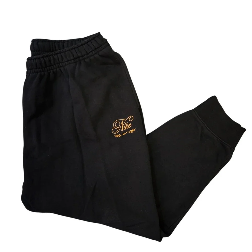 Nike Mens XXL Black Fleece Joggers Gold Script Logo Embroidery Sweatpants